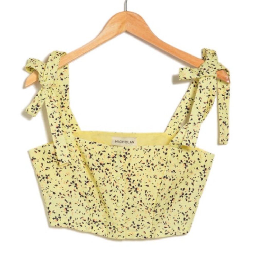 NICHOLAS Wylda Linen Crop Top Bow Shoulder - Yellow Floral